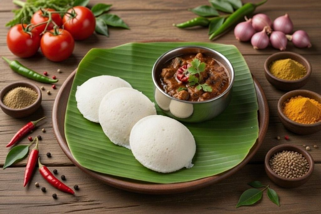 3 Idli + Chicken Chettinad